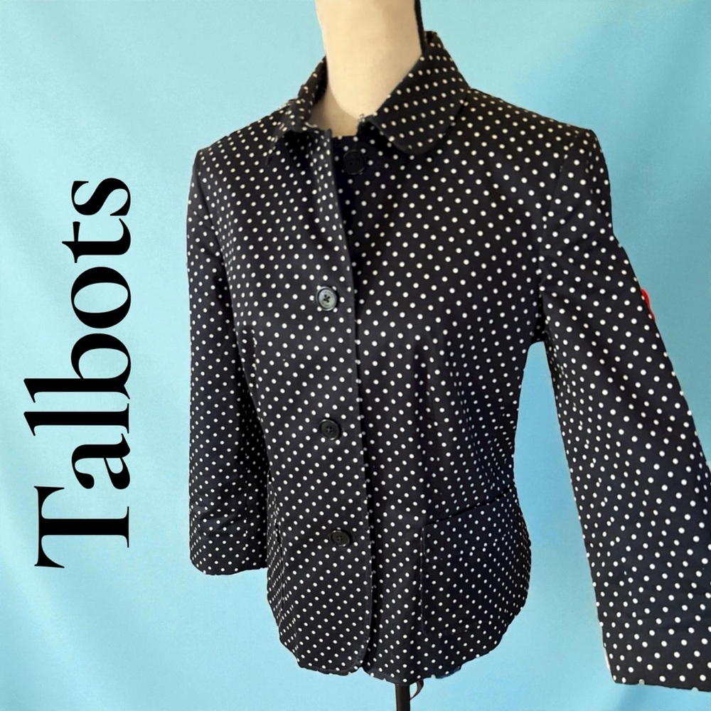 Talbots-size 12 chic polka dot lightweight jacket. Black/white,lined, 3/4 sleeve